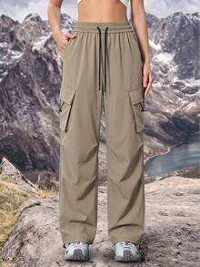 Women's Solid Color Front Tie Pocket Minimalist Casual Outdoor Long Pants Drawstring Cargo Pants - Khaki - View 2