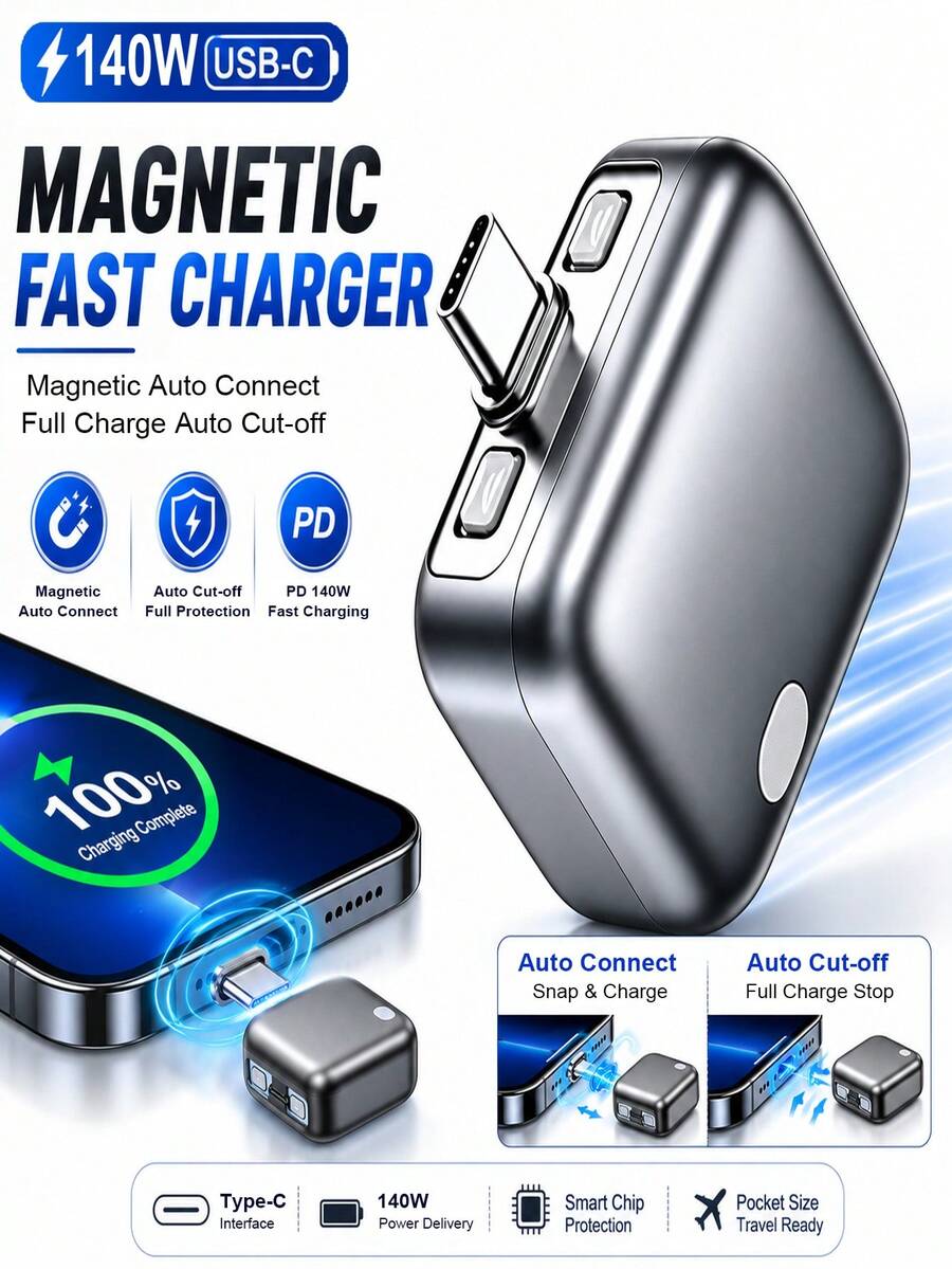 Adaptor Pengisian Cepat Type-C 140W dengan Fungsi Mati Otomatis, Port Pengisian Magnetik yang Dapat Muncul, Mati Otomatis Saat Terisi Penuh 100%, Cocok untuk Pengisian Semalaman