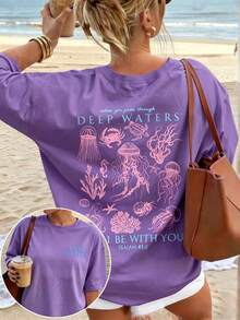 Cute Marine Life Print Women's Loose T-Shirt, Round Neck Short Sleeve Summer Top, Vintage Street Style Washed Cotton Graphic Tee For Vacation Daily - 紫色 - 查看 16
