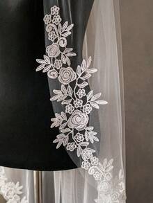 1pc Lace Floral Trim Fingertip Length Bridal Veil, White Soft Tulle With Hair Comb, Wedding Pre-Wedding Party Registration Ceremony Bridal Accessory - Multicolor - View 5