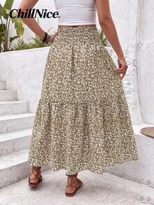 Women's Long Floral Print Skirt With Casual Elastic Waist And Ruffled Hem, A-Line Skirt For Spring And Summer Vacations - Khaki - View 2