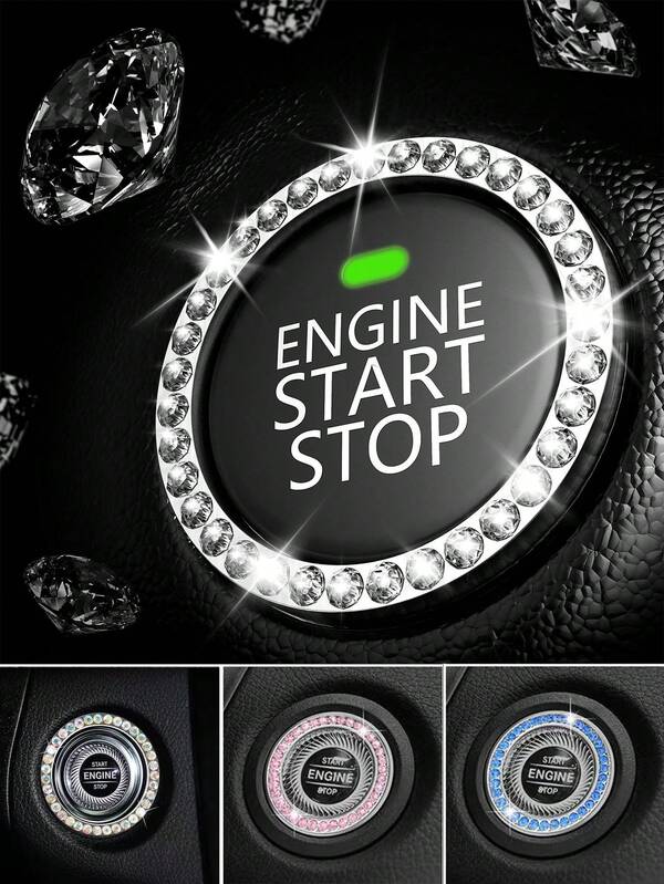 1PC Sparkling Car Crystal Rhinestone Ring Accessories For Women, Car Parts Start Engine Ignition Button And Key Ignition Starter And Knob Ring, Car Interior Decoration, One Click Start Button,