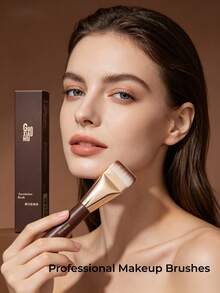 GUOXIAONIU فرشاة أساس مسطحة K-Beauty بمقبض خشبي قصير وشعيرات ناعمة وكثيفة، ناعمة بدون تكتل للمبتدئين - بني - مشاهدة 10