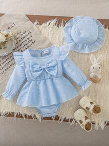 Body a rayas para bebé niña de otoño/invierno con mangas volantes y lazo grande, conjunto versátil para salir para bebés y niños pequeños, incluye sombrero para el sol, regalo de vacaciones de primavera/otoño para recién nacidos - Celeste - Ver 2