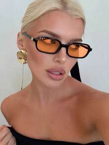 A Pair Of Compact Rectangular Frame Fashion Glasses, Suitable For Vacation, Travel, Sports, Driving, Festivals, Beach, Music Festivals, Outings, Summer Accessories, Holidays, Family Trips, Elegant Outfits, Street Style Accessories, Sports, Parties, Outdoor Activities, Street Looks, Fishing, Summer Beach Vacation, Outdoor, Travel, Back To School Season College Style. Rectangular Frame - Orange - View 3