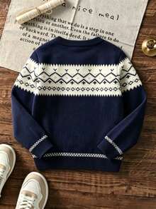 Tween Boys Vintage Nordic Jacquard Knit Top, Contrast Geo Print Fall Knitwear - Navy Blue - View 4