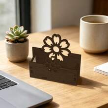 1pc Wooden Cherry Blossom Hollow Business Card Holder, Desktop Floral Design Card Stand, Office Desk Organizer, Business Use, Card Display, Home Office Decor - View 4