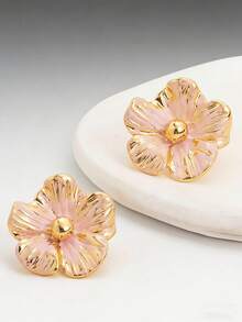 1 Pair Fashionable High-End Elegant Sweet Minimalist Versatile Pink Colorful Oil-Drip Enamel Five-Petal Flower Petal Women's Dopamine Stud Earrings Suitable For Daily Wear, Vacation, Friend Gift - Pink - View 5