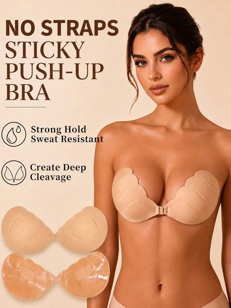 Push-Up Adhesive Bra, Self-Adhesive Strapless Backless Invisible Bra, Sweat-Proof Reusable Seamless Bra, Deep V Enhanced Bra For Wedding, Party, Daily Wear - Multicolor - View 1