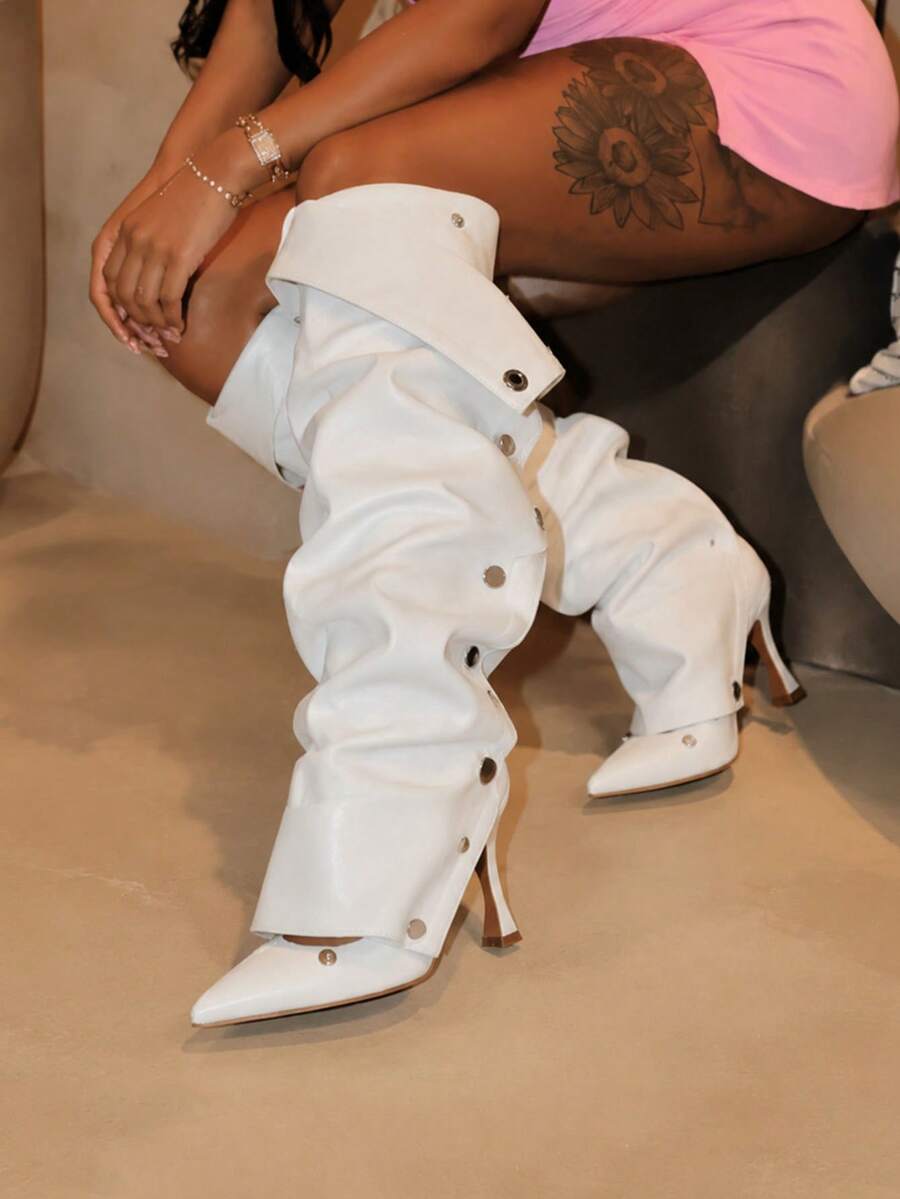 Sexy Design Women Ruched Slouchy Boots Stiletto High Heel Winter Shoes Knee High Mid Calf Luxury Fashion Halloween Detachable Boots For Woman - 白色PU - 查看 1