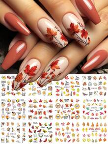 12 Designs Maple Leaf Pine Cone Design Water Transfer Nail Stickers Sliders Little Squirrel Cute Cartoon Watermark Nail Decals DIY Manicure Decoration - Multicolor - View 6