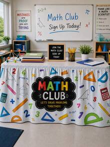 1 pieza Falda de mesa del club de matemáticas de vuelta a la escuela, mantel plisado con patrón de papel cuadriculado, regla numérica, calculadora y geometría, con cierre de gancho y bucle, antiarrugas y lavable, adecuado para escritorio de profesor de aula, actividad educativa, decoración de soporte de exhibición escolar - Multicolor - Ver 6