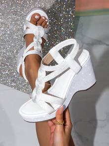 Women's Elegant White Braided Wedge Sandals, Open Toe Braided Elastic Back Strap Design, Suitable For Weddings, Parties, Commuting, Office, Summer Daily Wear - White - View 1