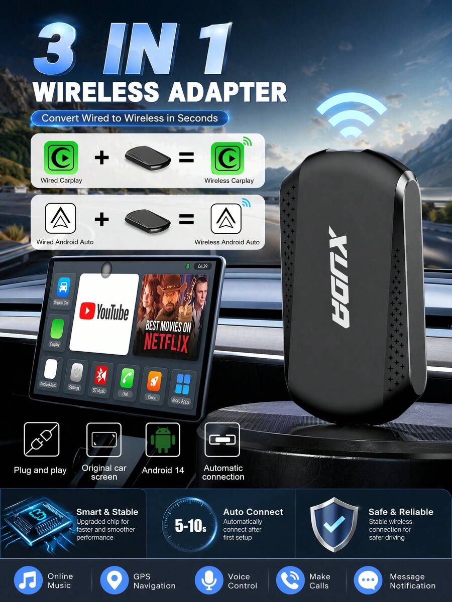 XUDA Android 14 2026 新款無線 CarPlay 與 Android Auto 智能盒子 3合1 四核 2GB+16GB/4GB+32GB 內建應用程式 支援 98% 原廠有線 CarPlay 或有線 Android Auto 車型 - A - 查看 1