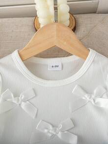 Cute Autumn/Winter Baby Girl Outfit: White Ribbon Bow Lace Trim Round Neck Long-Sleeved Top & Blue Plaid Wide-Leg Pants For Commuting And . - White - View 10