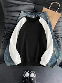 Women's Casual Colorblock Loose Fit Long Sleeve Sweatshirts For Daily WInte/Fall,Fall Winter Outfit For Women,Fall Winter Clothes,Going Out - Black + White - View 6