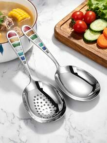 1pc 304 Stainless Steel Oval Serving Spoon, Large Long Handle Soup Ladle, Colander Spoon, Kitchen Portioning Spoon - View 4