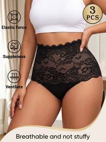 MIOTAN 3pcs Women's Mid-High Waist Panties, Lace Patchwork, Jacquard Pattern, Soft & Breathable - Multicolor - View 5