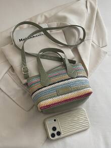 Colorful Striped Women's Handbag, Fashionable Versatile Bucket Bag With Floral Charm, Shoulder Crossbody Bag - Multicolor - View 7
