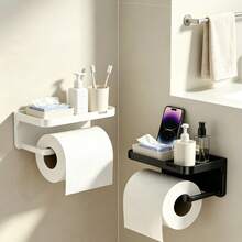 1pc Non Perforated Toilet Roll Paper Rack, Wall Mounted Double-Layer Storage Rack, Home Goods, Simple Black And White Multifunctional Storage Rack, Essential For Small Apartments, Practical Gift Items, Waterproof And Non Perforated - Multicolor - View 2
