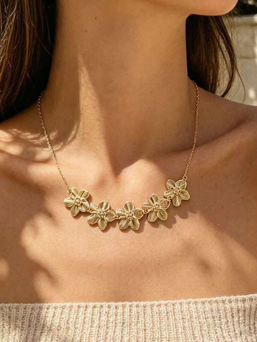 1pc Elegant Fashion Minimalist Flower Necklace Suitable For Daily Wear - Gold - View 1