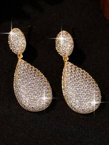 1 Pair Luxury Elegant Cubic Zirconia Water Drop Pendant Earrings, Fashionable Women's Jewelry, Suitable For Daily Wear, Party, Gift, Travel - Yellow Gold - View 7