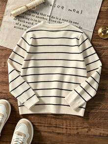 Tween Boys Striped Crew Neck Knit Sweater, Long Sleeve Slim Fit Casual Fall Knitted Pullover Tops For Everyday Wear - Apricot - View 4