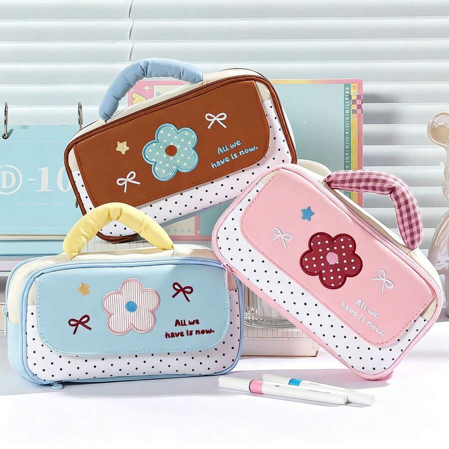1pc Embroidery Flower Bow Handheld Pencil Case, Polka Dot Splicing Large Capacity Multi-Layer Pen Bag With Handle, Sweet "All We Have Is Now" Letter Print Zipper Stationery Storage Pouch, Portable Student School Supplies Organizer, Back To School - Pencil Case - View 1