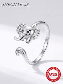 1pc Fashion 925 Sterling Silver Elephant Open Ring With Diamond, Women's Style, Suitable For Daily Wear And Party Accessories, High Quality Ring - Style 2 - View 1