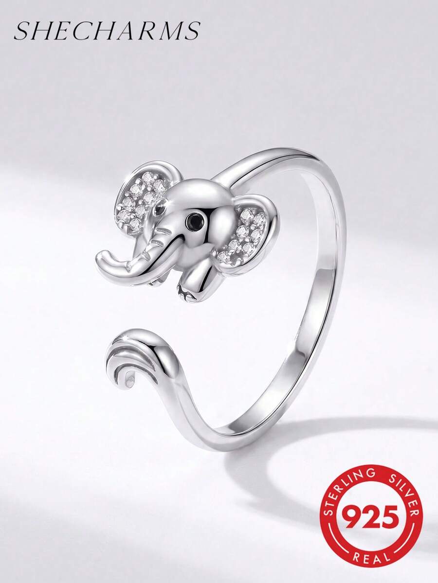 1pc Fashion 925 Sterling Silver Elephant Open Ring With Diamond, Women's Style, Suitable For Daily Wear And Party Accessories, High Quality Ring - Style 2 - View 1