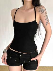 Atasan Camisole Rajut Pendek Hitam Pas Badan untuk Wanita, Kain Elastis Sedang, Ciptakan Tampilan Modis dan Percaya Diri - Hitam - View 3