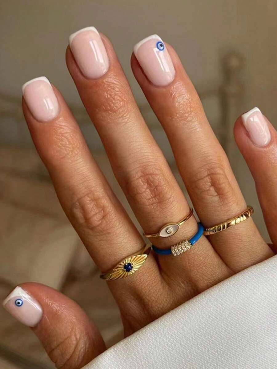 歐美 Ins 風格短方型白色法式人造指甲貼片,可愛裸色自然方型亮片貼片美甲,24 片裝 - 彩色 - 查看 1