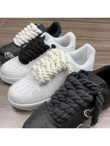 2 Pairs Round 8mm/5mm Solid Color Handmade Woven Shoelaces For Platform Sneakers & Chunky Sneakers - 8mm+5mm Black - View 7