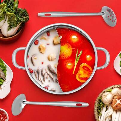 304 Stainless Steel Divided Hot Pot With Glass Lid, Dual Compartment Soup Pot With Spoon/Leaky Spoon For Family Gatherings, Restaurants, Home & Commercial Use [A Good Gift For Family And Friends]