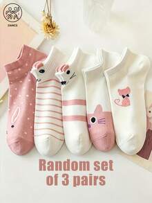 3 Pairs Random Assortment Japanese Sweet Style Striped Polka Dot Cartoon Cat & Rabbit Short Socks, 3D Ear Design, Breathable Comfortable Cotton Socks For Commuting And Casual Wear - Multicolor - View 3