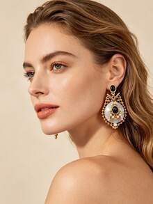 1 Pair Vintage Palace Style Hollow Gold Frame Earrings, 2 Styles Available, Black Agate Inlaid With Pearl Accents, Lightweight Luxury Retro Pendant Earrings, European And American Evening Party Daily High-End Women's Accessories - Multicolor - View 3