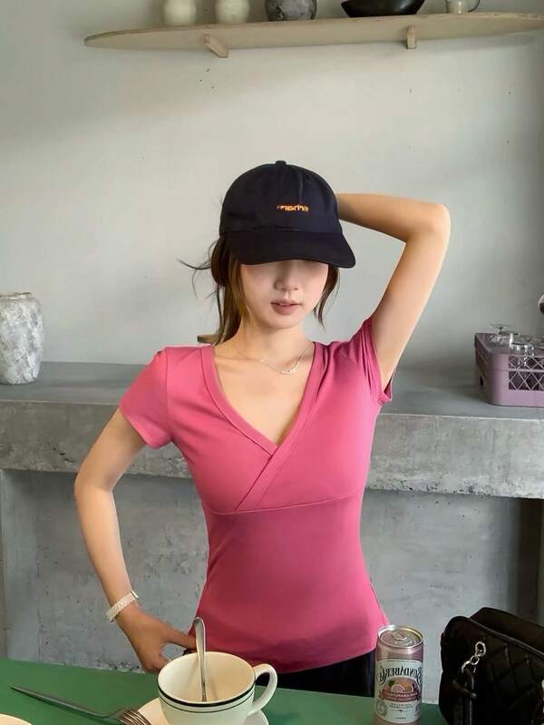 Women's Elastic Fitted V-Neck Short Sleeve T-Shirt Casual Top Summer Pink