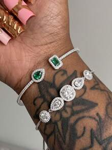 1 Set Fashion Cubic Zirconia Asymmetrical Women's Bracelet & Bangle Set, Silver-Plated Shiny Jewelry, Party Music Festival Daily Travel Accessories, Anniversary Birthday Gift For Partner Best Friend Girlfriend - ST-298 White Green + WDST-84 - View 7
