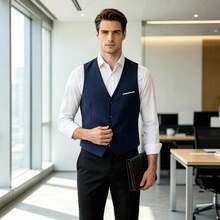 Navy Blue Structured Cut Dress Waistcoat Accented Pocket Trim Functional Side Patch Pockets Size XS-XXXL - 藏蓝色 - 查看 4