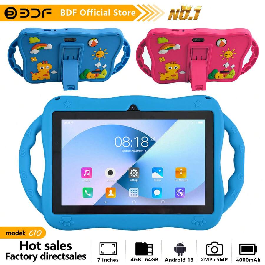 1pc/Children Electronic Learning Toy/4GB RAM + 64GB Storage/7 Inch Tablet/Quad-Core 1.3GHz Processor/Android 13 System/1280x800 IPS High Definition Resolution Screen/2MP + 5MP Dual Camera/4000mAh Large Capacity Battery/Support WiFi Games/Made Of ABS Plastic + Silicone Material Tablet (Includes: Packaging Box/Data Cable/Instruction Manual/OTG Adapter/SIM Card Pin) - Multicolor - View 1