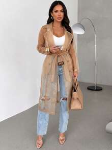 ChicMe Sheer Mesh Long Windbreaker - Women's Transparent Tie-Front Jacket, Creating Fashionable Street Style And Layered Urban Travel Looks - Apricot - View 5