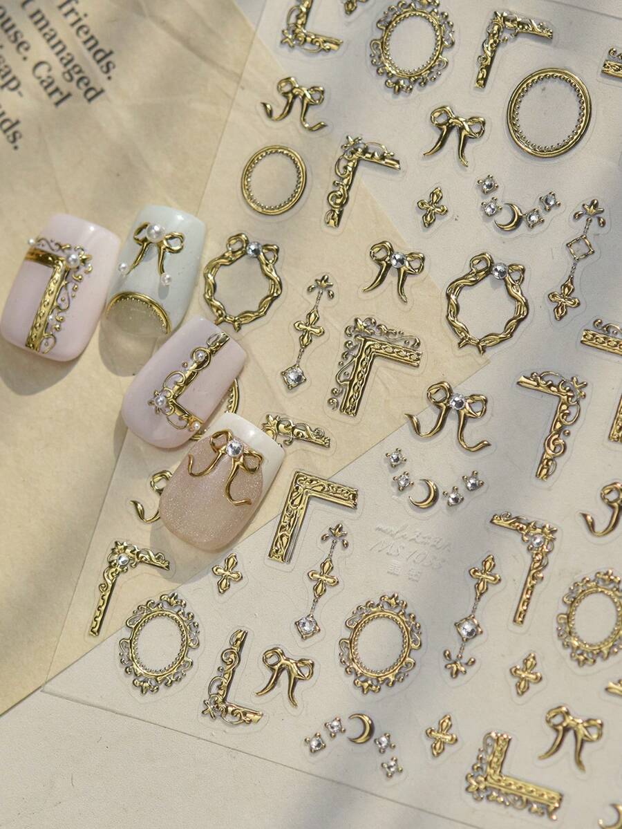 1Sheet Gold Metallic Crystal Mini Baroque Frame Nail Stickers, Bow Moon Tiny Rhinestone 3D Embossed Self Adhesive Nail Art Decals - 金色 - 查看 1