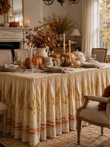 1pc Farmhouse Style Autumn Table Skirt, Gold Wheat Ear Striped Vintage Print Pleated Tablecloth, Hook And Loop Anti-Wrinkle Washable, Suitable For Thanksgiving Harvest Party, Autumn Wedding Buffet, Catering Event Table Decoration - Multicolor - View 8