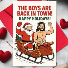 1張幽默節日賀卡 + 1個信封，聖誕老人與朋友在雪橇中「The Boys Are Back In Town」最佳好友款，冬季節慶趣味風格 - 查看 9
