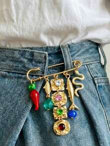 1 pieza Broche con flecos de strass en forma de serpiente con chile rojo y pez pequeño, multifuncional y versátil para mujeres - Dorado - Ver 1