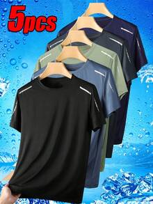 Paket 5 Kaos Pria Basic, Atasan Kasual Lengan Pendek Kerah Bulat, Kain Cepat Kering, Cocok Untuk Pemakaian Sehari-hari dan Olahraga Musim Panas - MultiWarna - View 1