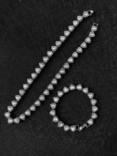 2pcs/Set Luxury Rhinestone Inlaid Synthetic Diamond Jewelry Set, Necklace & Bracelet, Fashionable & Elegant, Suitable For Wedding, Daily, Vacation, Party, Gift