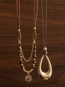 2pcs/Set Kalung Bertingkat Bohemian, Manik-manik Mata Harimau dan Liontin Matahari Rantai Emas Choker, Wanita - Yellow Gold - View 3