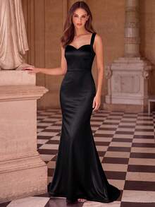 Basrey Black Sweetheart Neck Strap High Waist Fishtail Evening Dress, Bridesmaid Dress For Prom, Graduation Ceremony, Banquet Wedding Spring - Black - View 4