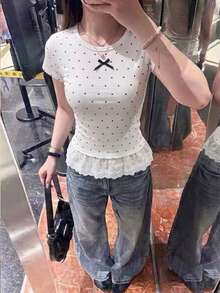 女款女孩風蕾絲飾邊拼接波點短袖T恤 夏季新款修身顯瘦甜辣方肩上衣 白色 - 白色 - 查看 9
